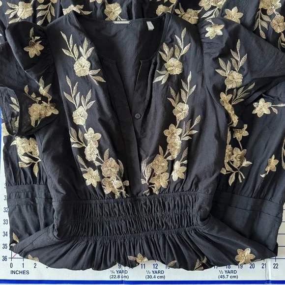 Elie Tahari Tiered Embroidered Maxi Dress Black Gold Floral 6 Smocked - Picture 10 of 11